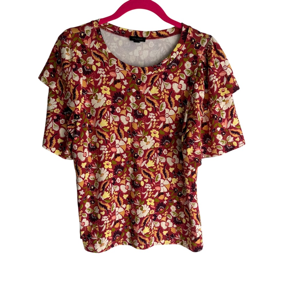 ANN TAYLOR Factory Multicolor Floral Print Knit Top with Short Tiered Sleeves, S